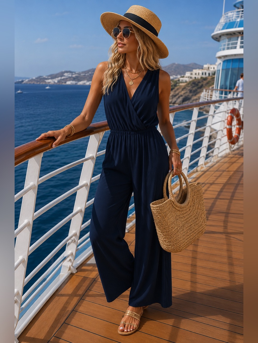 NY Collection Petite Faux Wrap Wide Leg Jumpsuit Navy Size PS